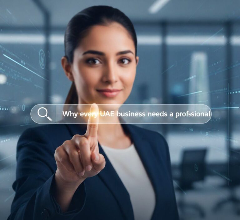 Confident businesswoman in a modern Dubai office interacting with a virtual search bar displaying 'Why every UAE business needs a professional SEO agency
