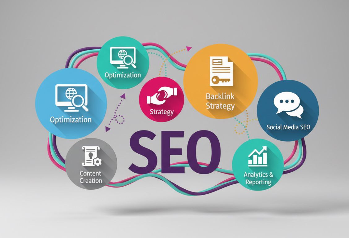 Colorful infographic showing SEO process including optimization, backlink strategy, content creation, analytics, and social media SEO.