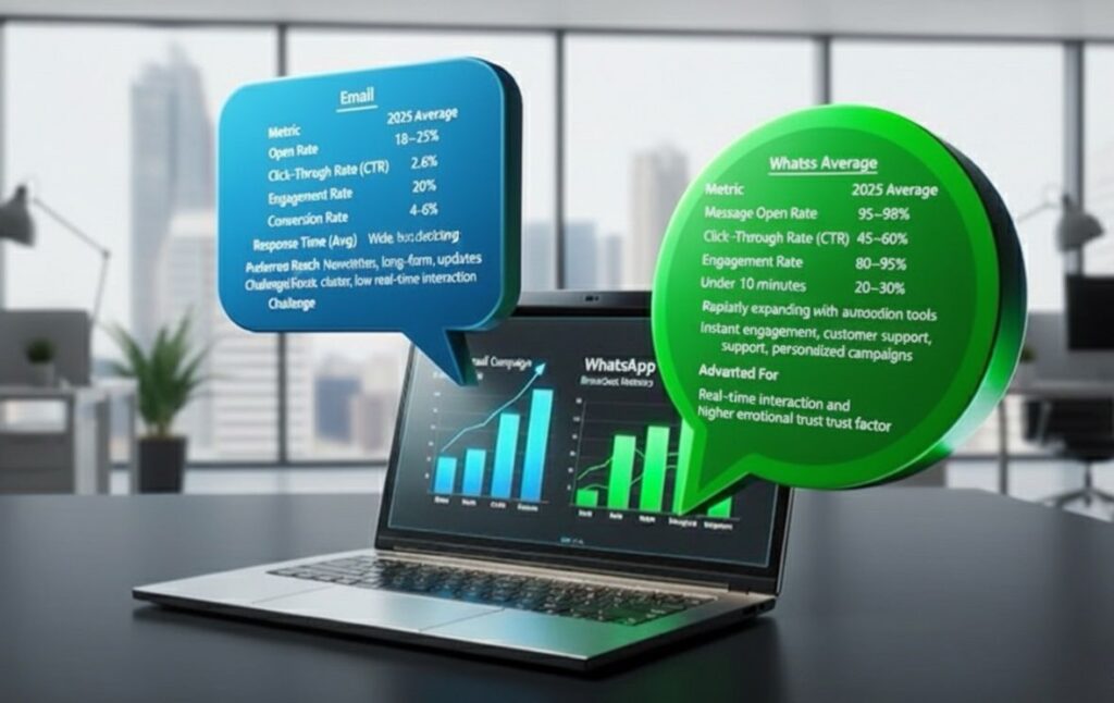 Comparison of WhatsApp and Email Marketing performance metrics in 2025 shown as data bubbles over a laptop screen, highlighting open rates, click-through rates, engagement and conversion statistics.