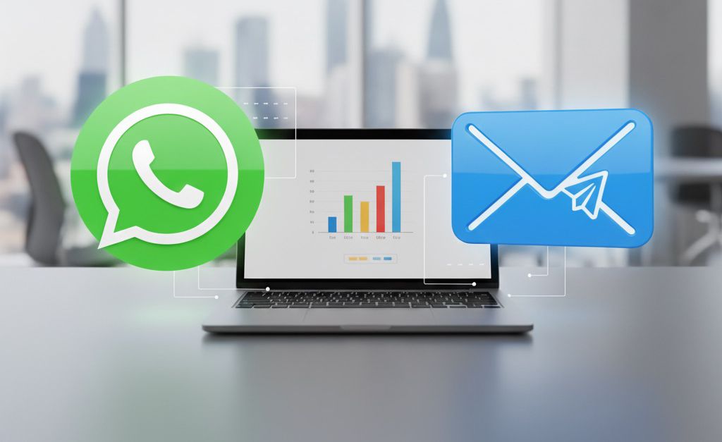 Laptop displaying marketing analytics with WhatsApp and Email icons representing modern digital communication strategies in 2025.