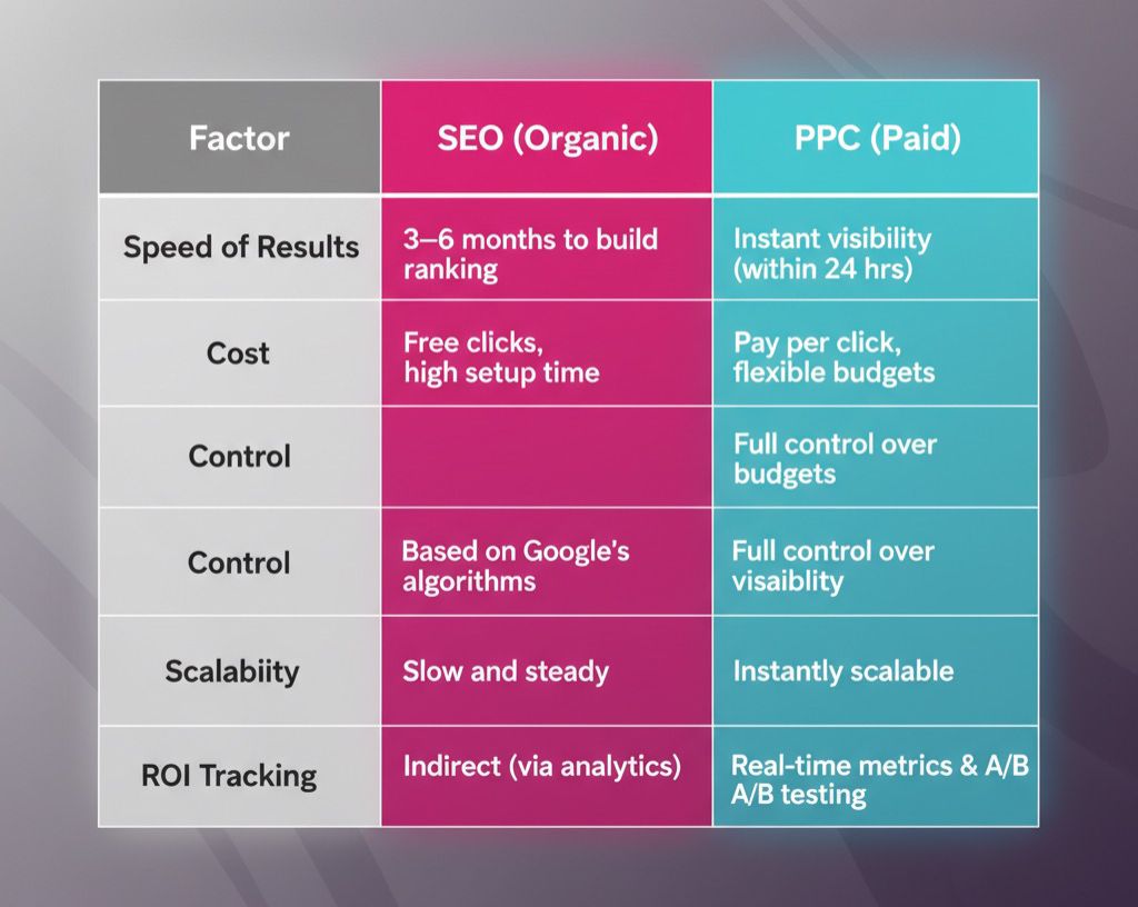 Comparison table showing SEO vs PPC performance in 2025, highlighting key differences in cost, speed, scalability, control, and ROI tracking.