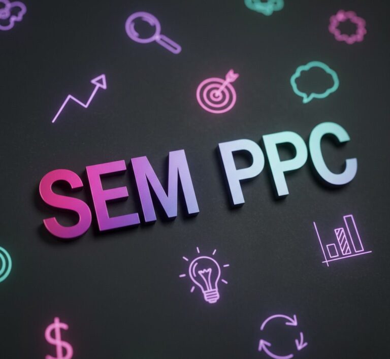 Colorful SEM and PPC digital marketing concept with icons for strategy, analytics, and growth on a dark background.