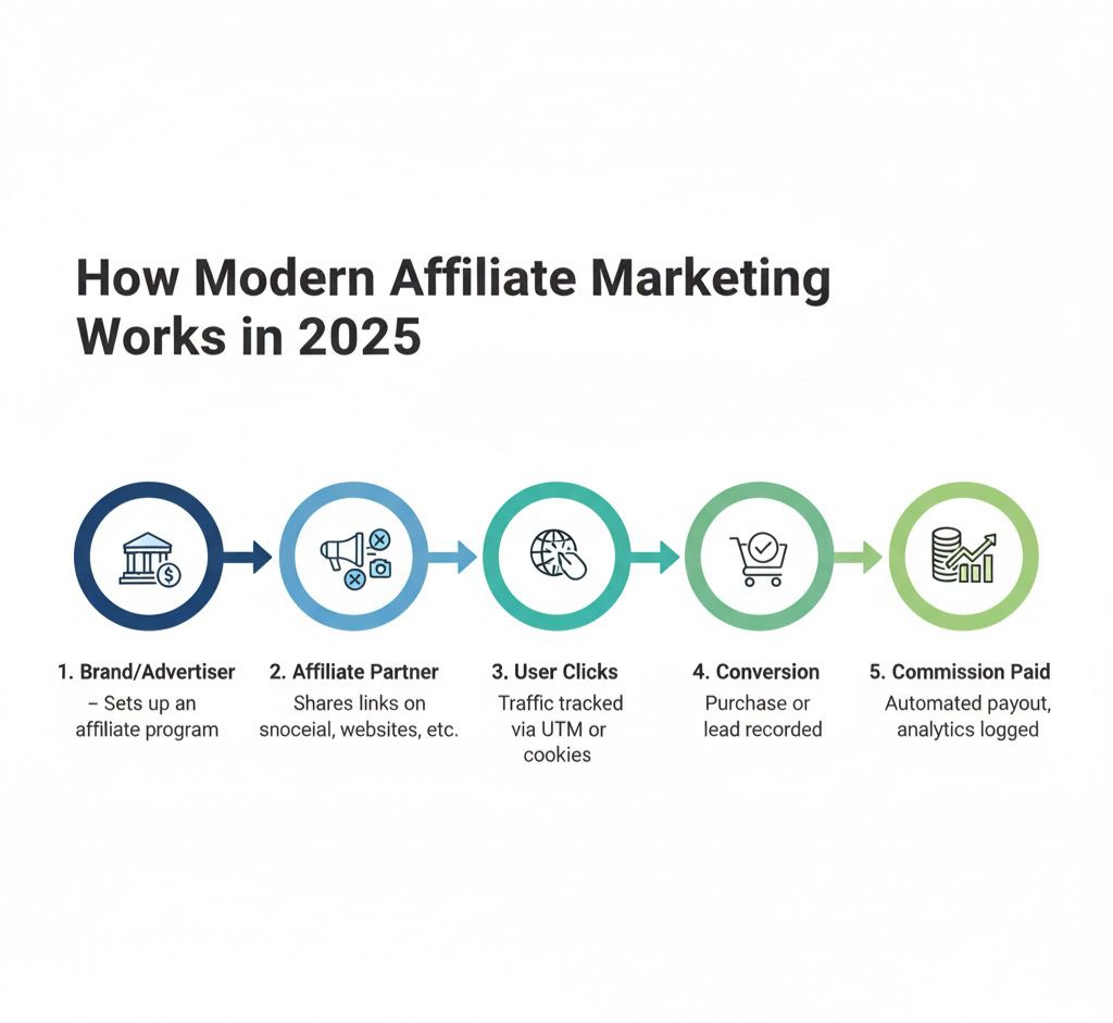 Infographic illustrating how modern affiliate marketing works in 2025, showing steps from brand setup to affiliate commission payout.
