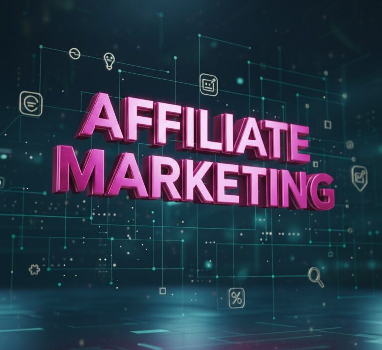 Futuristic 3D illustration of the words ‘Affiliate Marketing’ in bold magenta text surrounded by digital icons and technology network background.