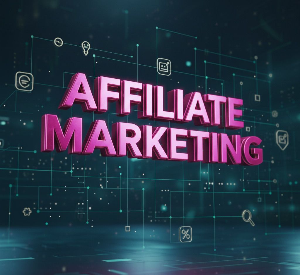Futuristic 3D illustration of the words ‘Affiliate Marketing’ in bold magenta text surrounded by digital icons and technology network background.
