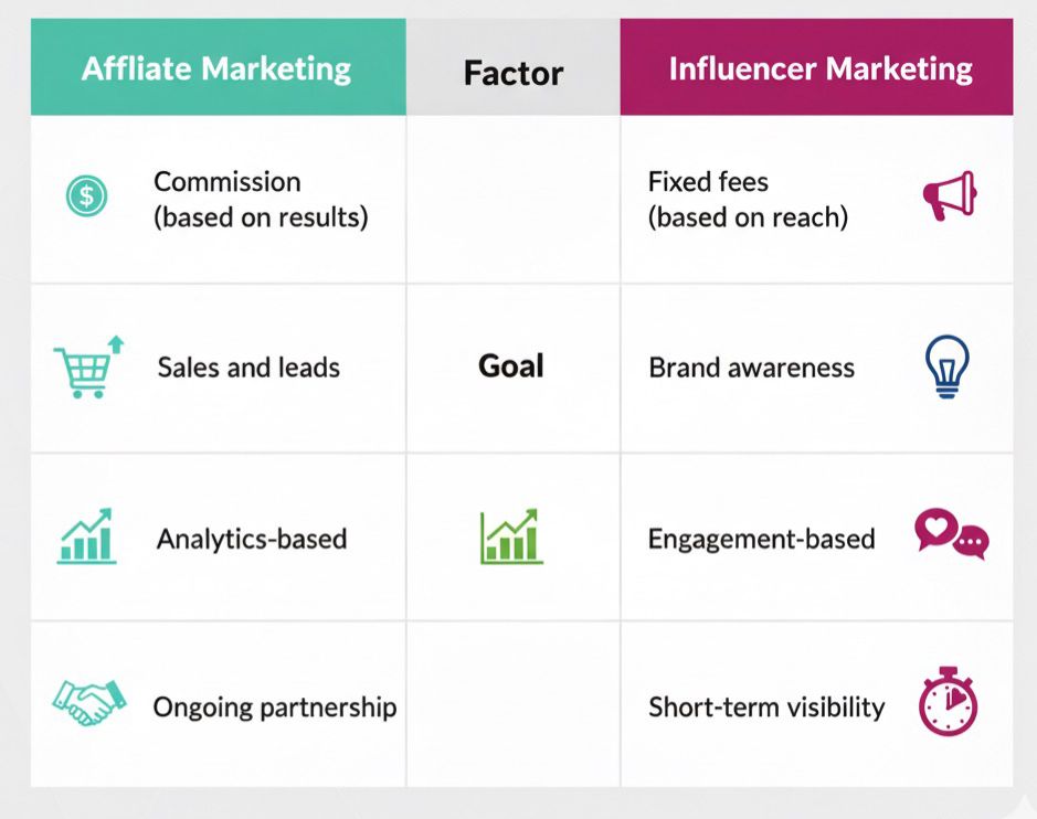 Comparison chart showing the difference between affiliate marketing and influencer marketing, highlighting goals, payment models, and engagement focus.