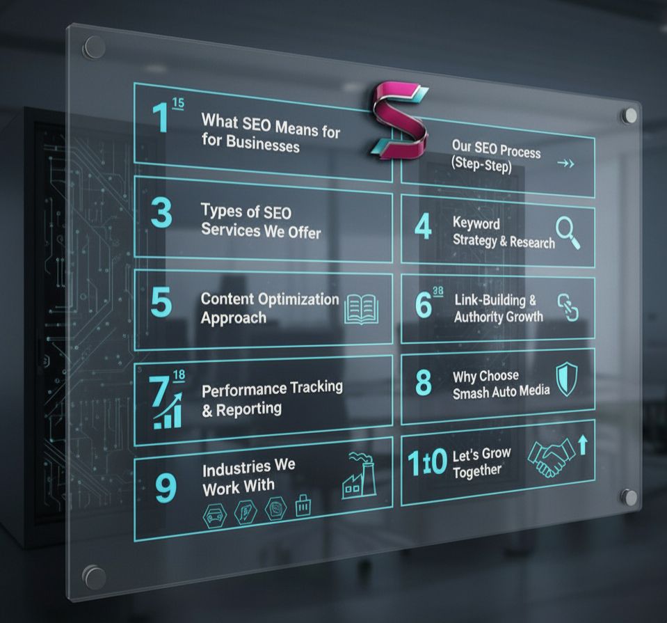 Alt="SEO Services Overview | Smash Auto Media — including Keyword Research, Content Optimization, Link Building, and Performance Reporting