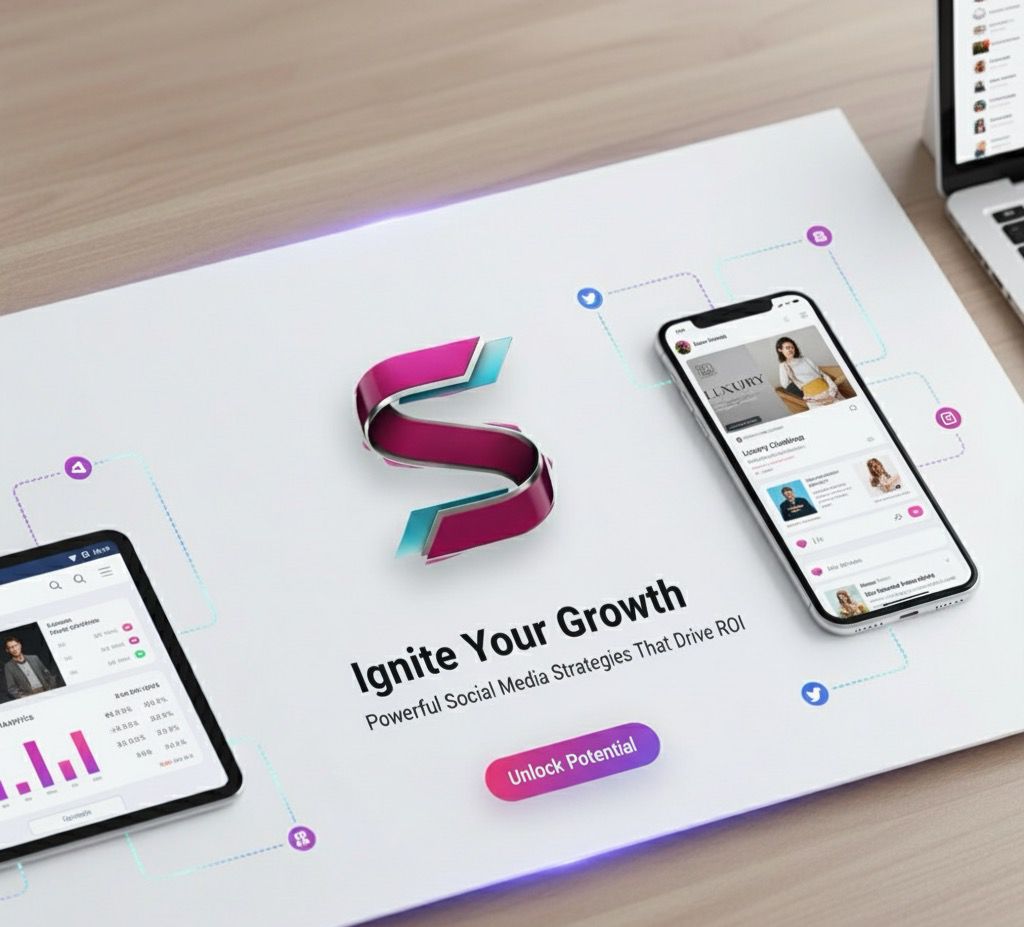 Modern marketing concept showing Smash Auto Media logo with mobile social media ad previews and analytics dashboard — representing powerful social media strategies that drive ROI.